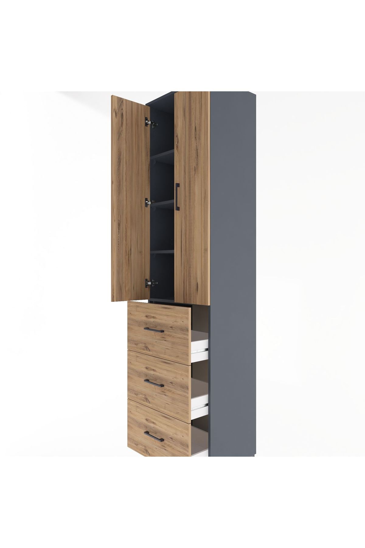 Hyperion Dolap 4 Raflı 3 Çekmeceli 2 Kapaklı 60x44x243 Antrasit-Çam