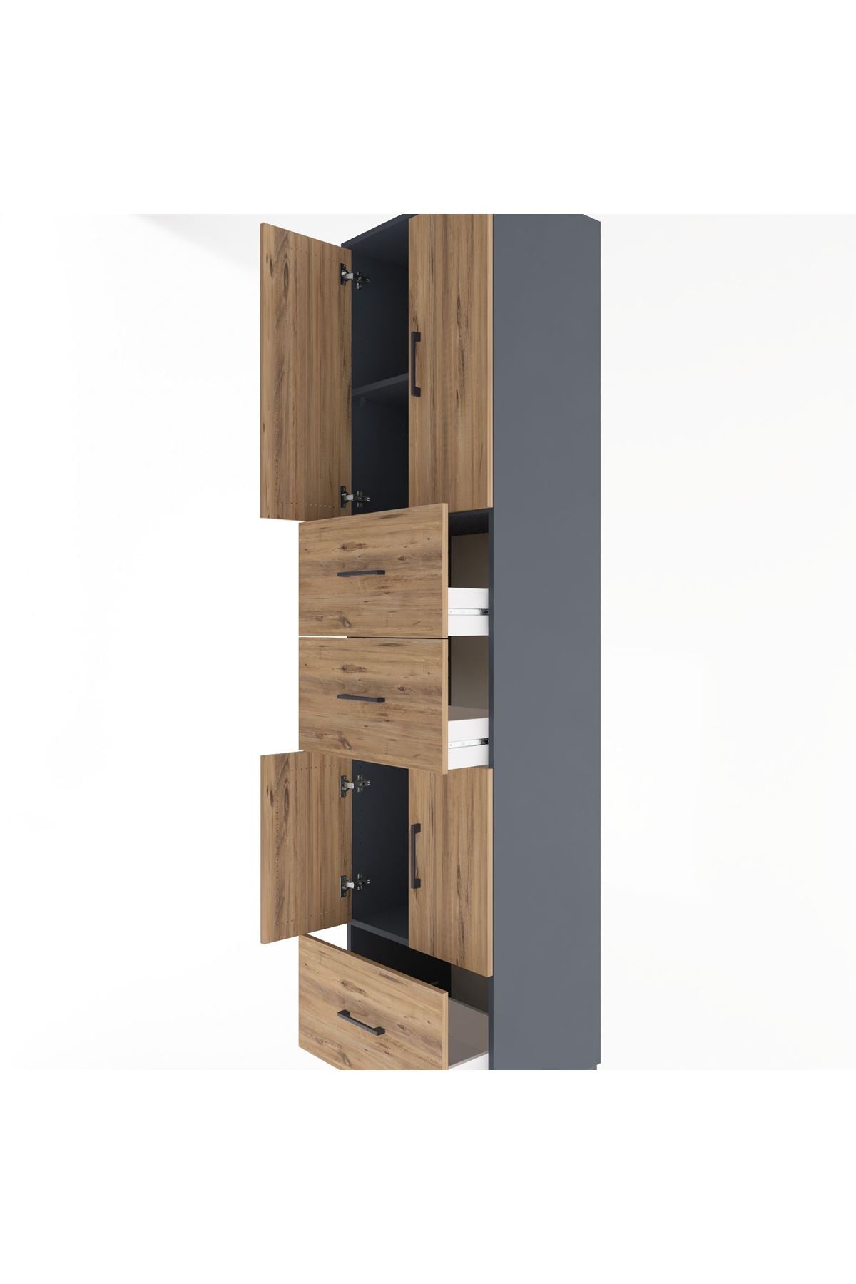 Hyperion Dolap 3 Raflı 3 Çekmeceli 4 Kapaklı 60x44x243 Antrasit-Çam