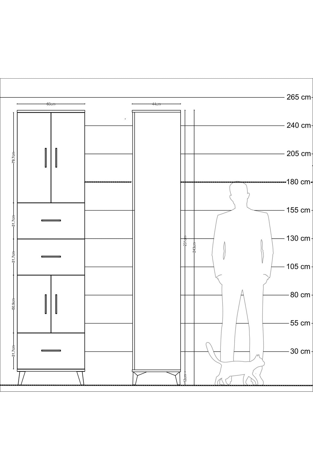 Hyperion Dolap 3 Raflı 3 Çekmeceli 4 Kapaklı 60x44x243 Çam-Antrasit