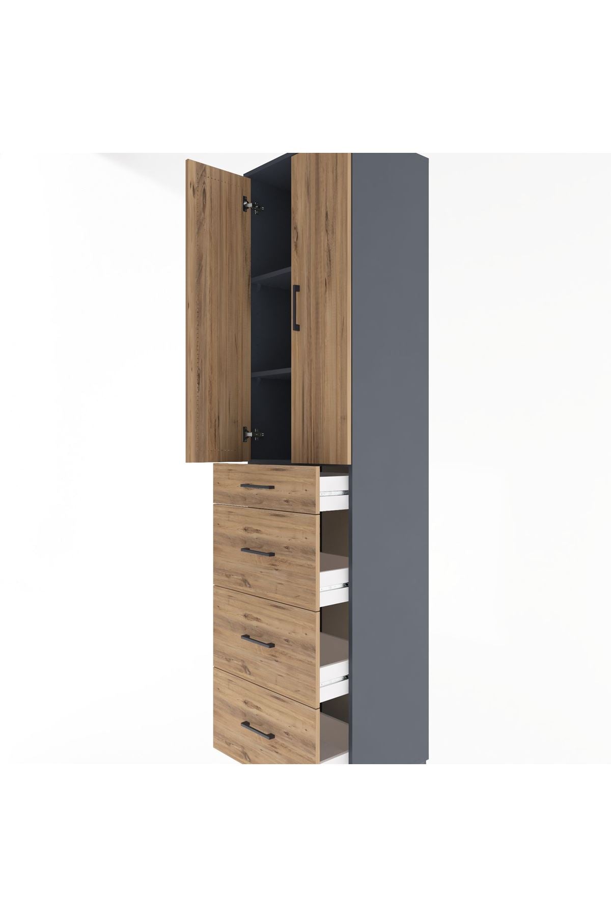 Hyperion Dolap 3 Raflı 4 Çekmeceli 2 Kapaklı 60x44x243 Antrasit-Çam