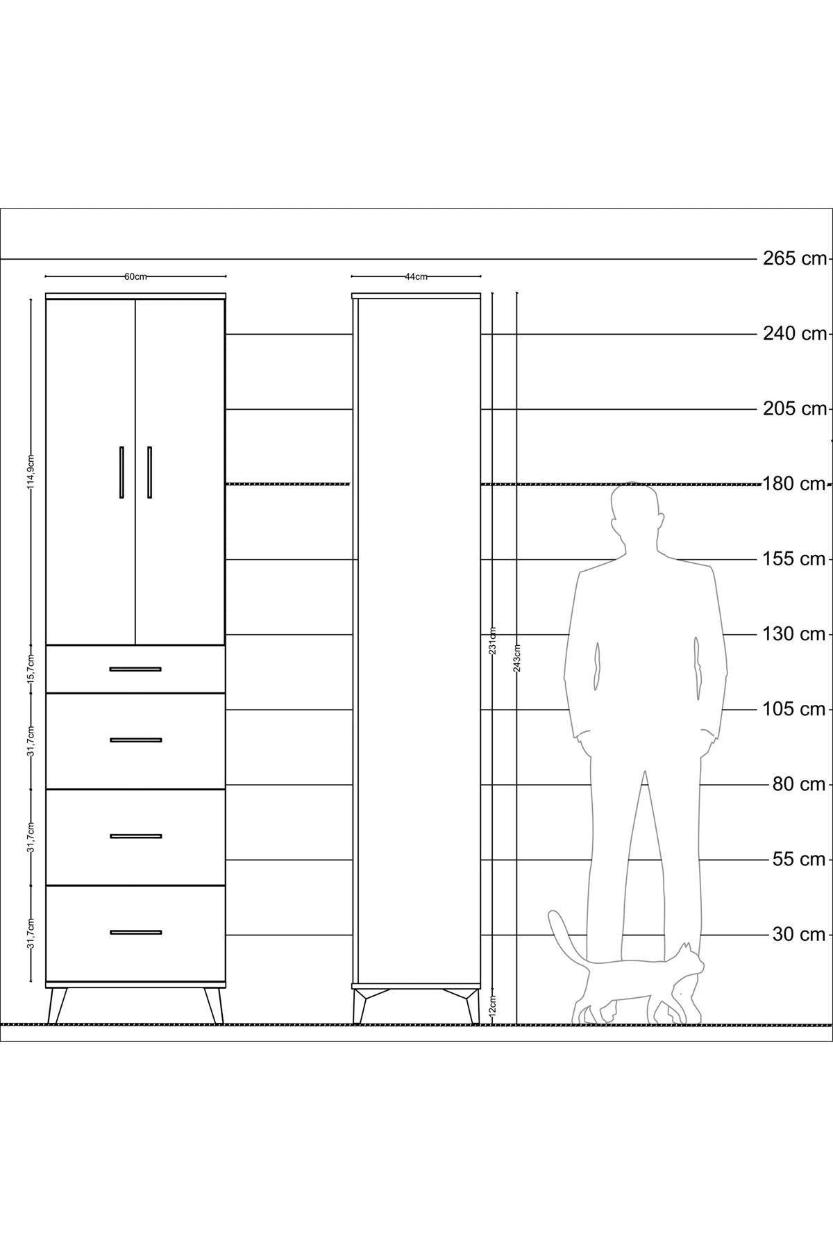Hyperion Dolap 3 Raflı 4 Çekmeceli 2 Kapaklı 60x44x243 Antrasit-Çam