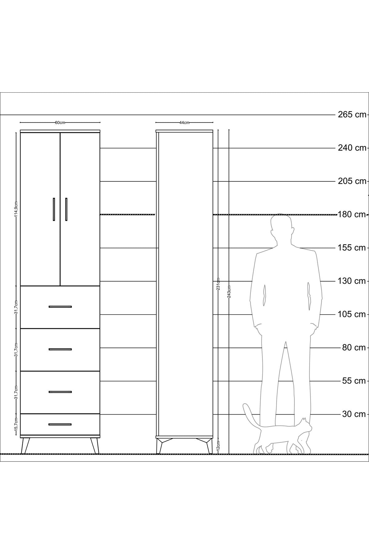 Hyperion Dolap 3 Raflı 4 Çekmeceli 2 Kapaklı 60x44x243 Çam-Çam