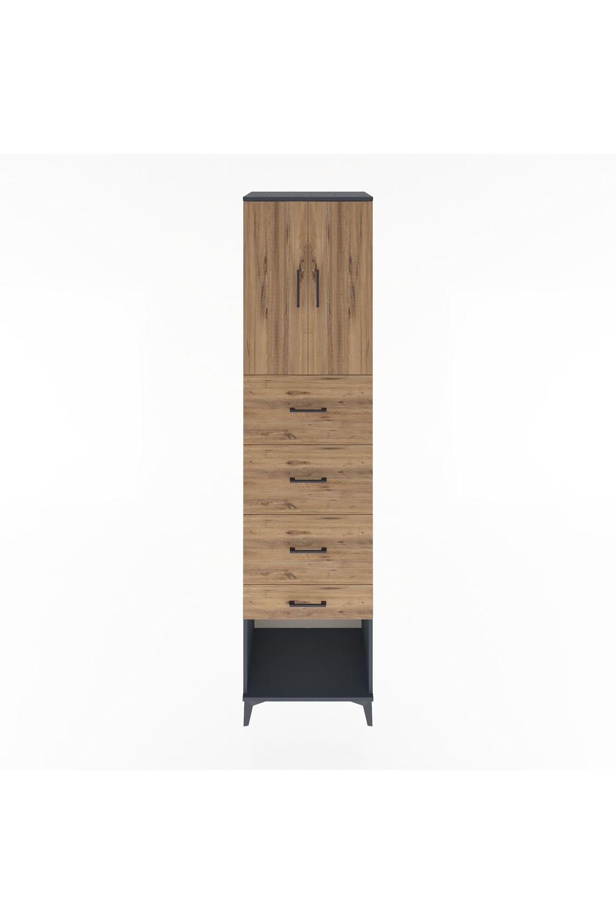 Hyperion Dolap 2 Raflı 4 Çekmeceli 2 Kapaklı 60x44x243 Antrasit-Çam