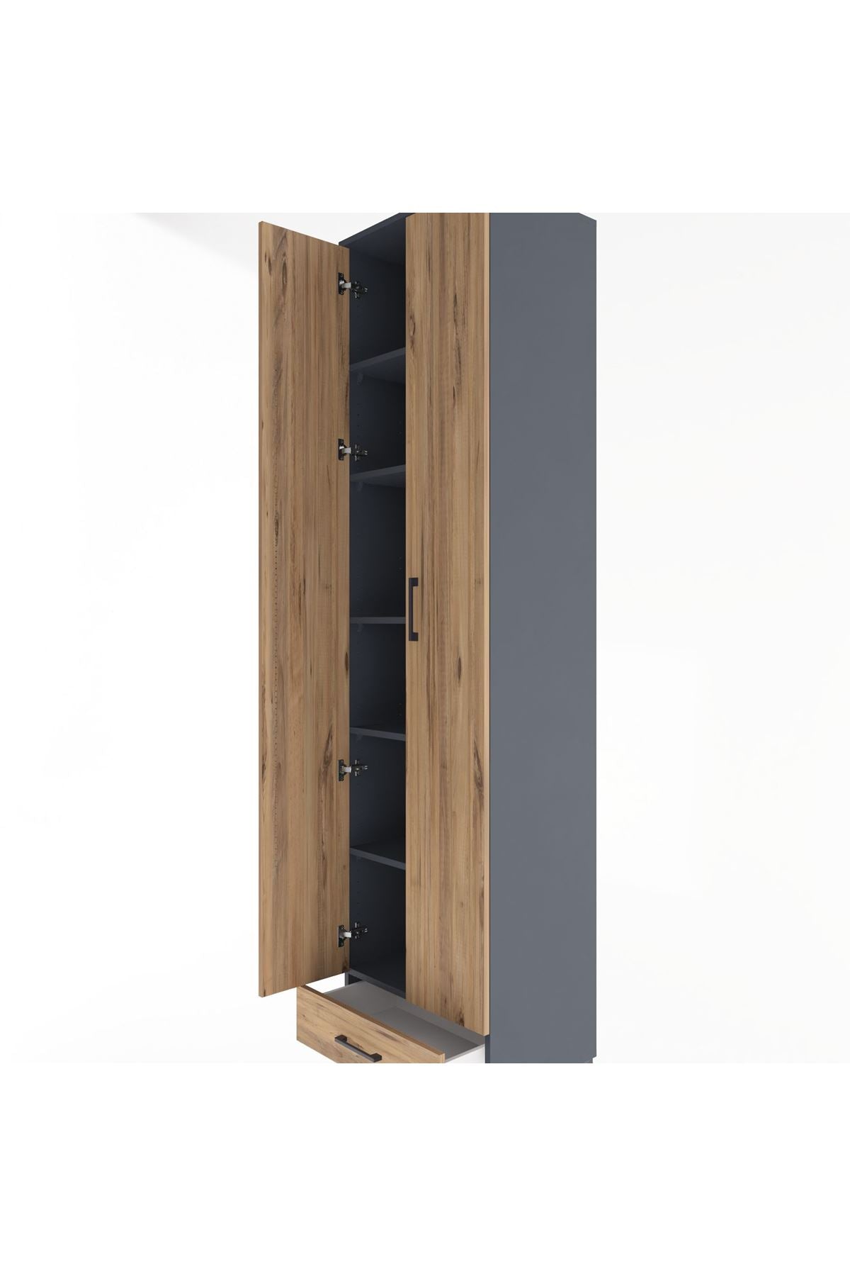 Hyperion Dolap 6 Raflı Tek Çekmeceli 2 Kapaklı 60x44x243 Antrasit-Çam