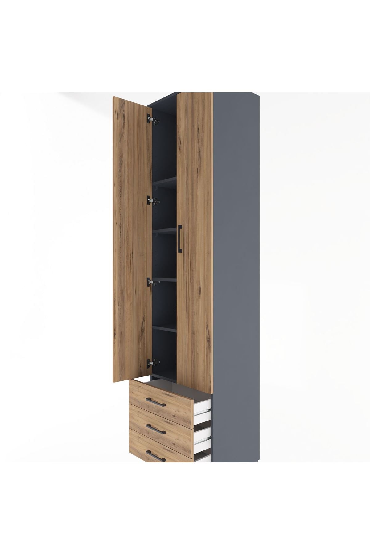 Hyperion Dolap 5 Raflı 3 Çekmeceli 2 Kapaklı 60x44x243 Antrasit-Çam