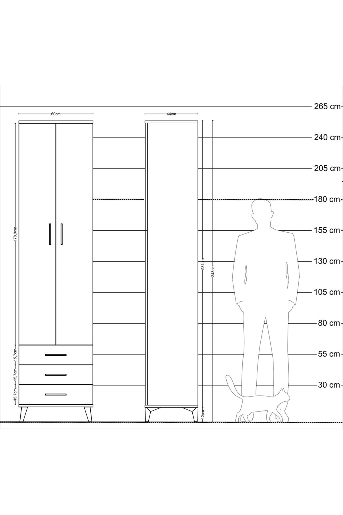 Hyperion Dolap 5 Raflı 3 Çekmeceli 2 Kapaklı 60x44x243 Çam-Çam