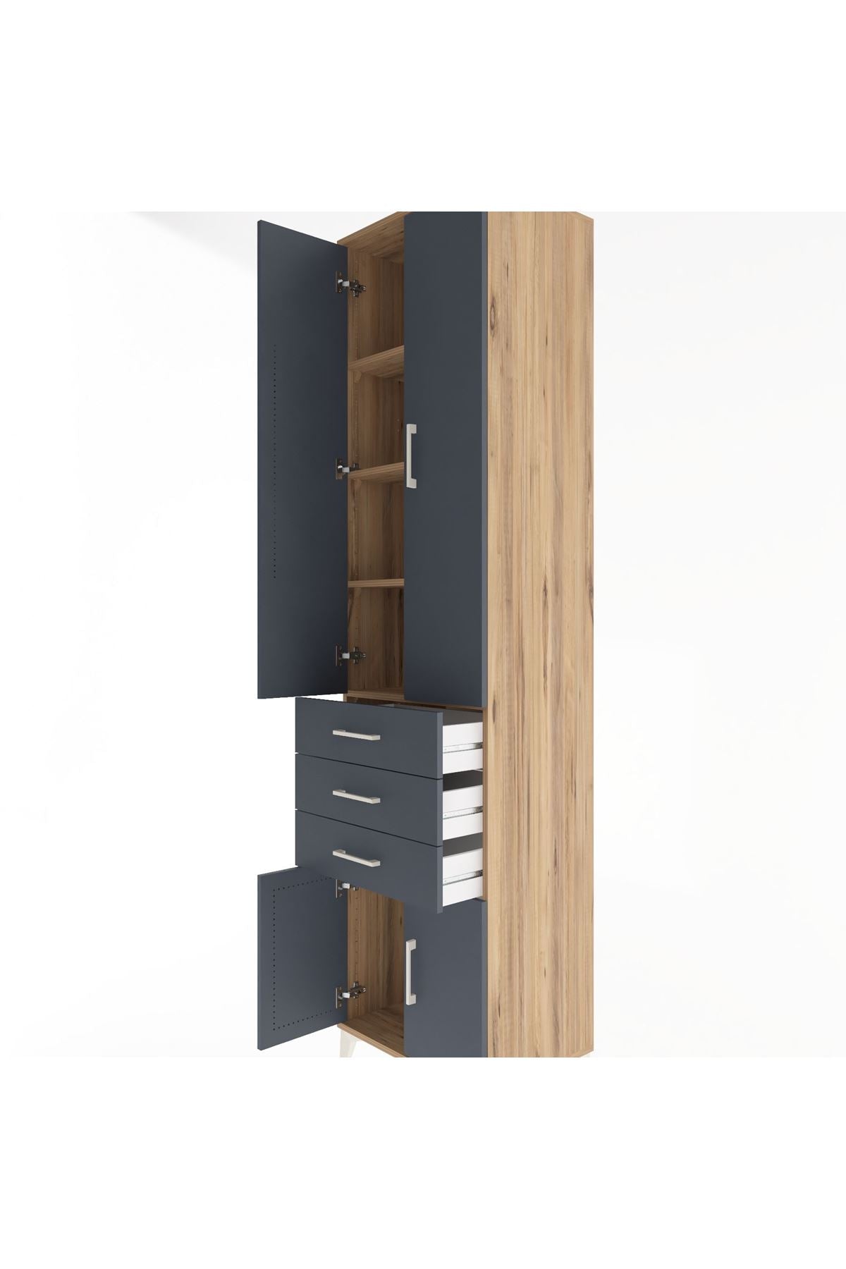 Hyperion Dolap 4 Raflı 3 Çekmeceli 4 Kapaklı 60x44x243 Çam-Antrasit