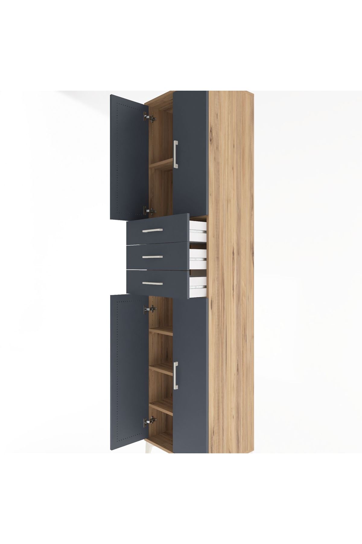 Hyperion Dolap 5 Raflı 3 Çekmeceli 4 Kapaklı 60x44x243 Çam-Antrasit