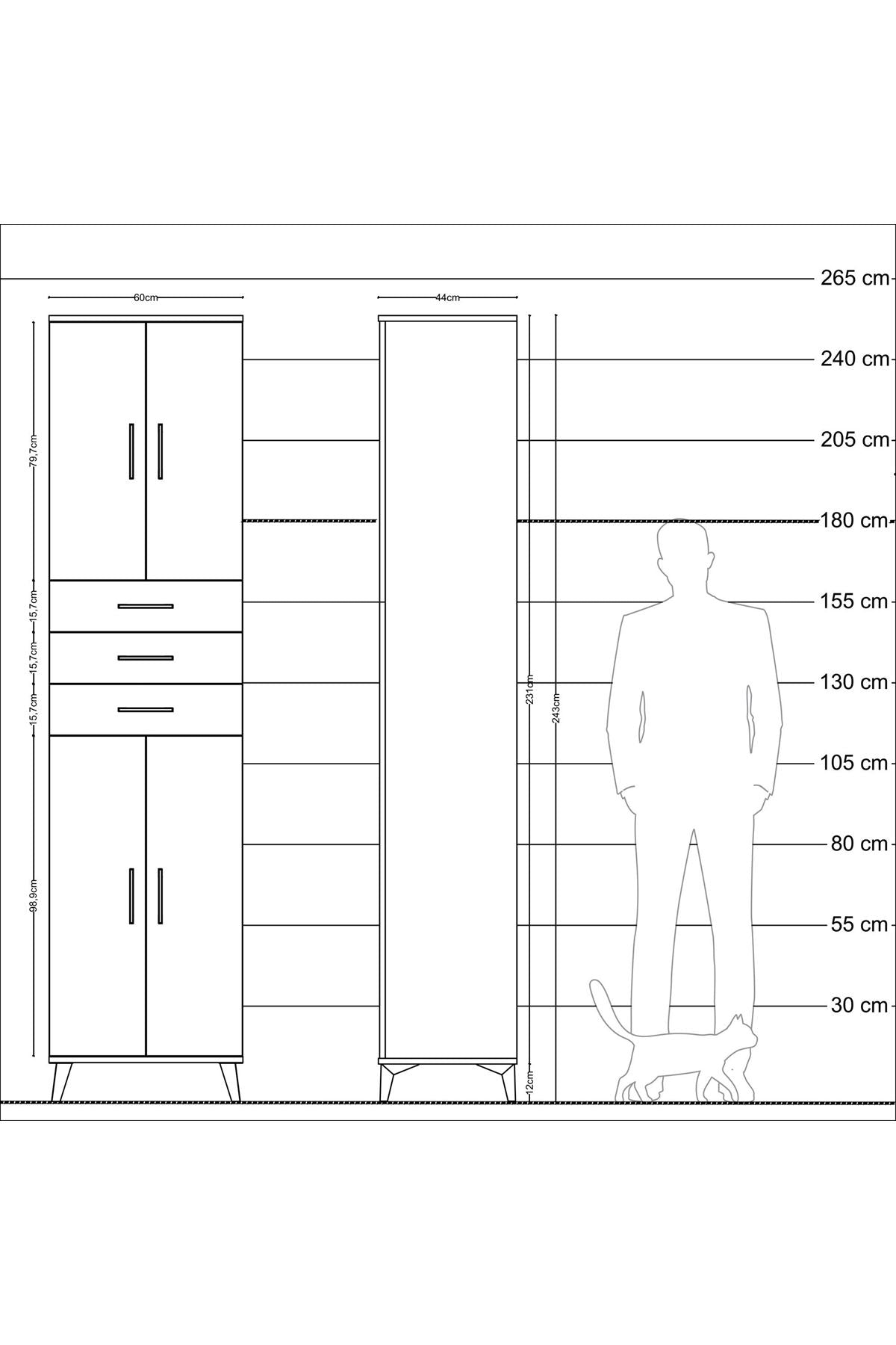 Hyperion Dolap 5 Raflı 3 Çekmeceli 4 Kapaklı 60x44x243 Çam-Çam