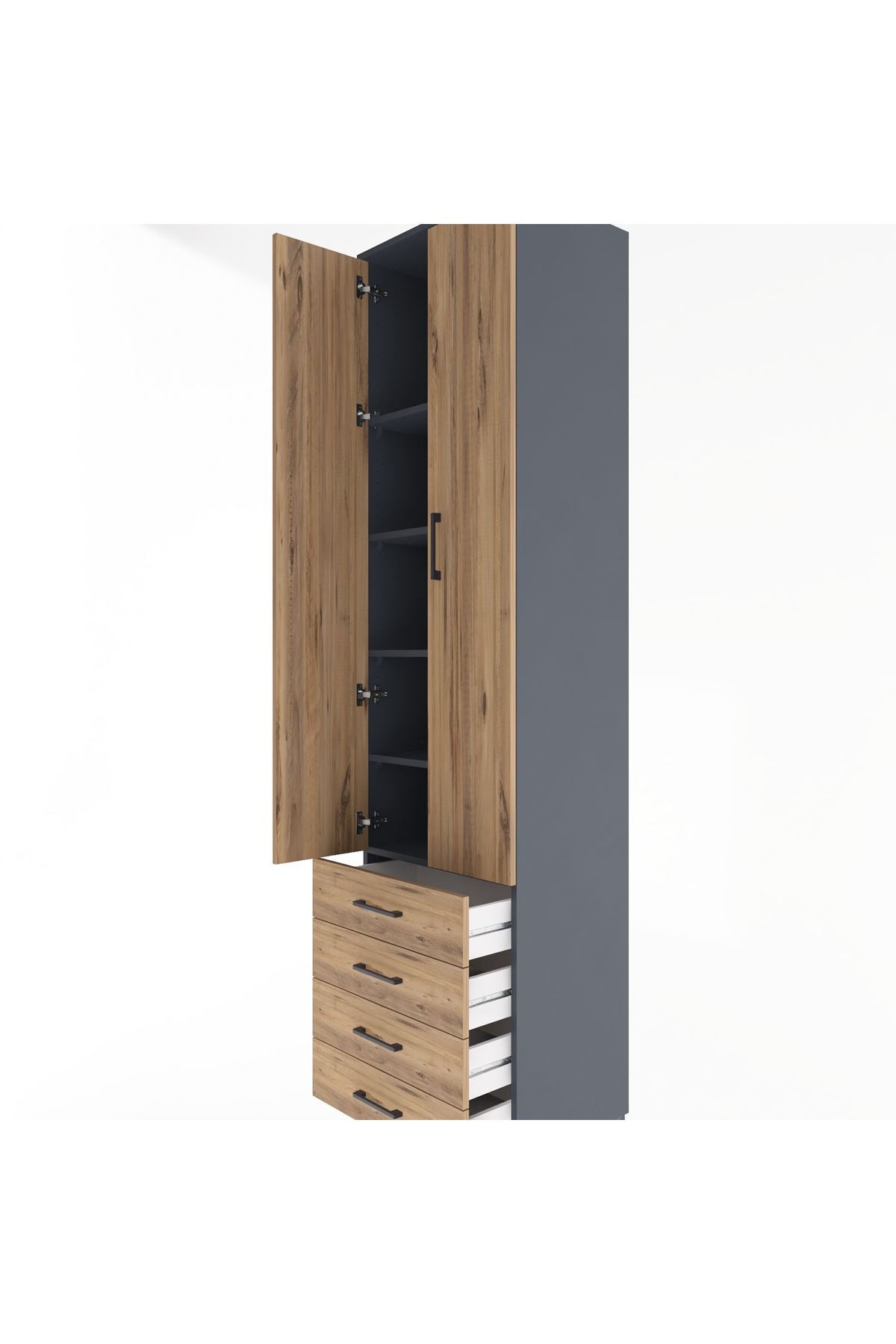 Hyperion Dolap 5 Raflı 4 Çekmeceli 2 Kapaklı 60x44x243 Antrasit-Çam