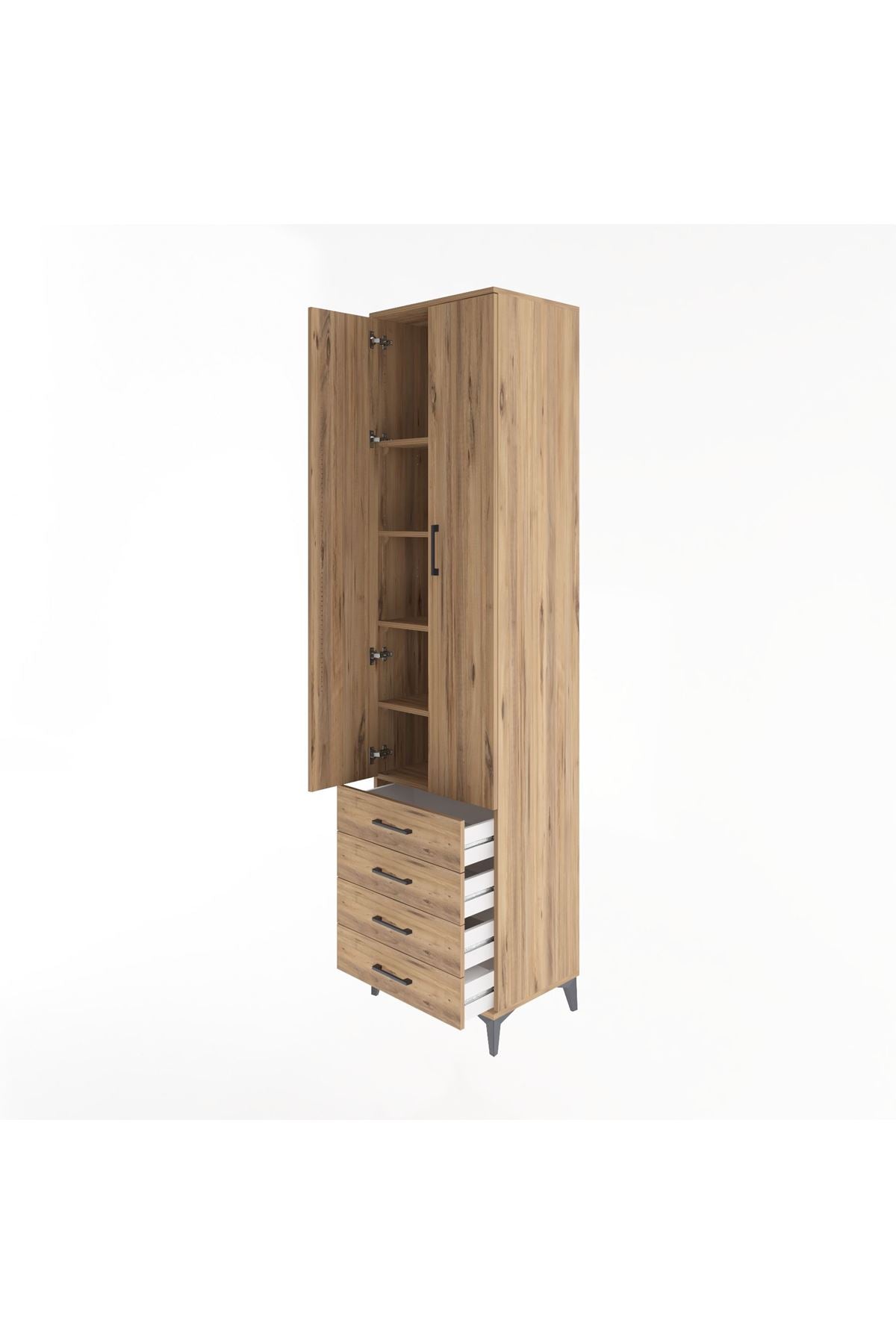 Hyperion Dolap 5 Raflı 4 Çekmeceli 2 Kapaklı 60x44x243 Çam-Çam