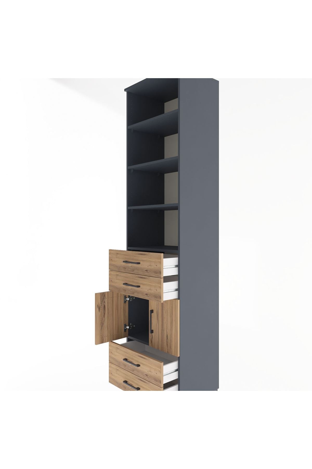 Hyperion Dolap 5 Raflı 4 Çekmeceli 2 Kapaklı 60x44x243 Antrasit-Çam