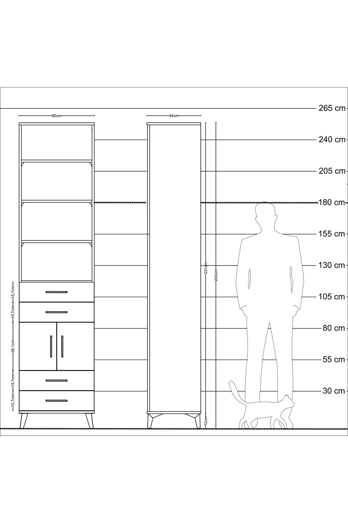 Hyperion Dolap 5 Raflı 4 Çekmeceli 2 Kapaklı 60x44x243 Çam-Çam