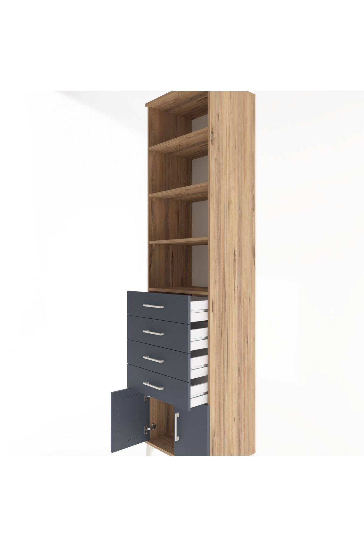 Hyperion Dolap 4 Raflı 4 Çekmeceli 2 Kapaklı 60x44x243 Çam-Antrasit