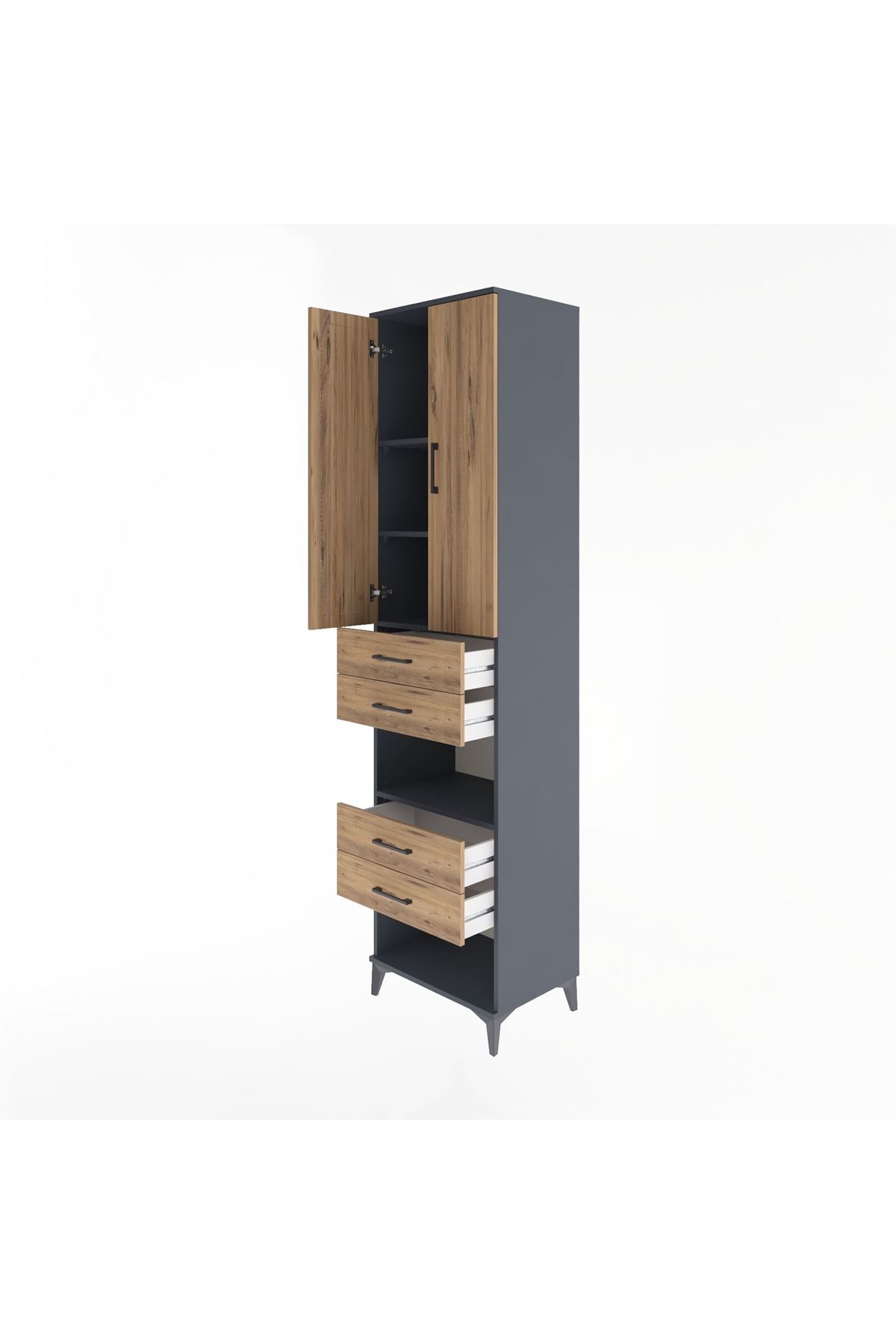 Hyperion Dolap 4 Raflı 4 Çekmeceli 2 Kapaklı 60x44x243 Antrasit-Çam