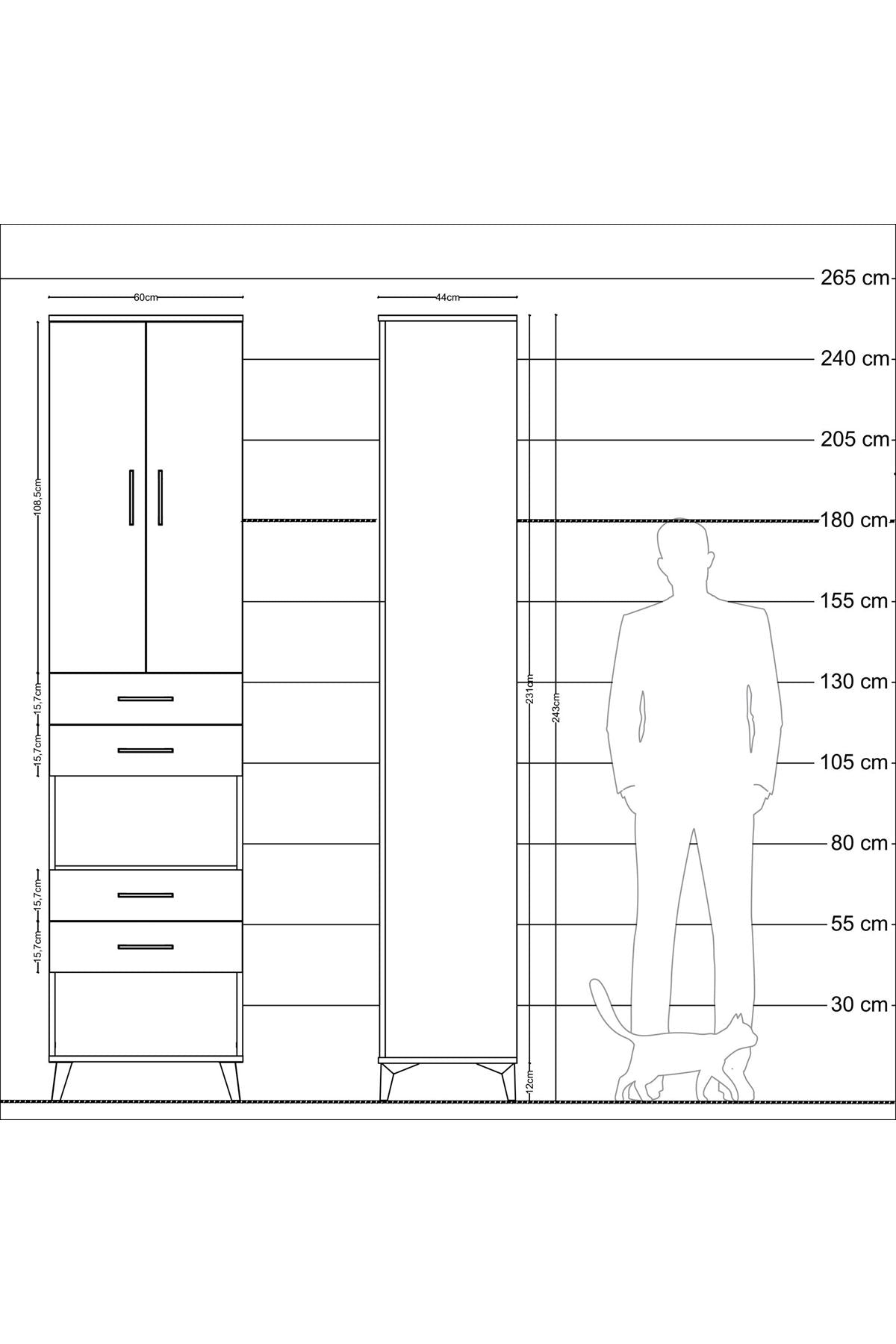 Hyperion Dolap 4 Raflı 4 Çekmeceli 2 Kapaklı 60x44x243 Çam-Antrasit