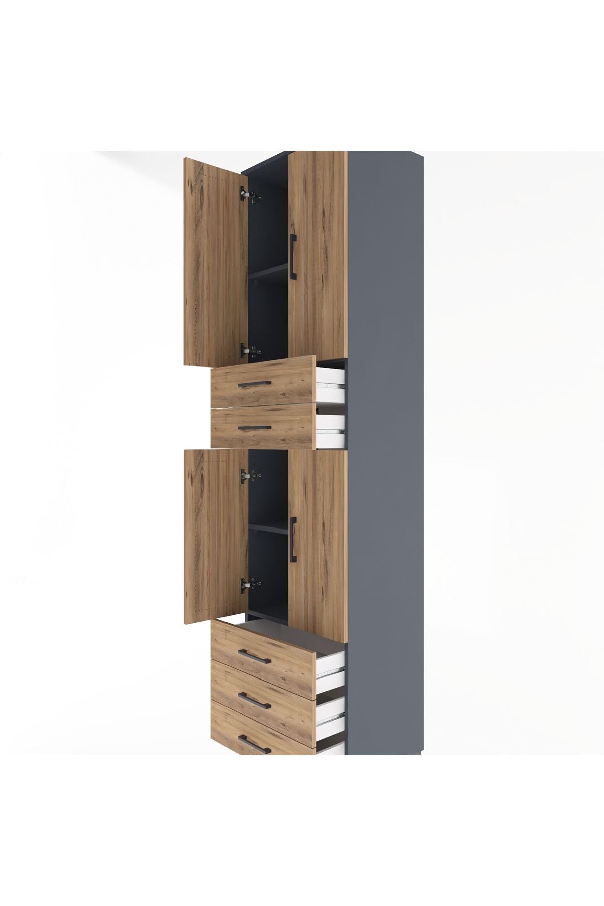 Hyperion Dolap 4 Raflı 5 Çekmeceli 4 Kapaklı 60x44x243 Antrasit-Çam