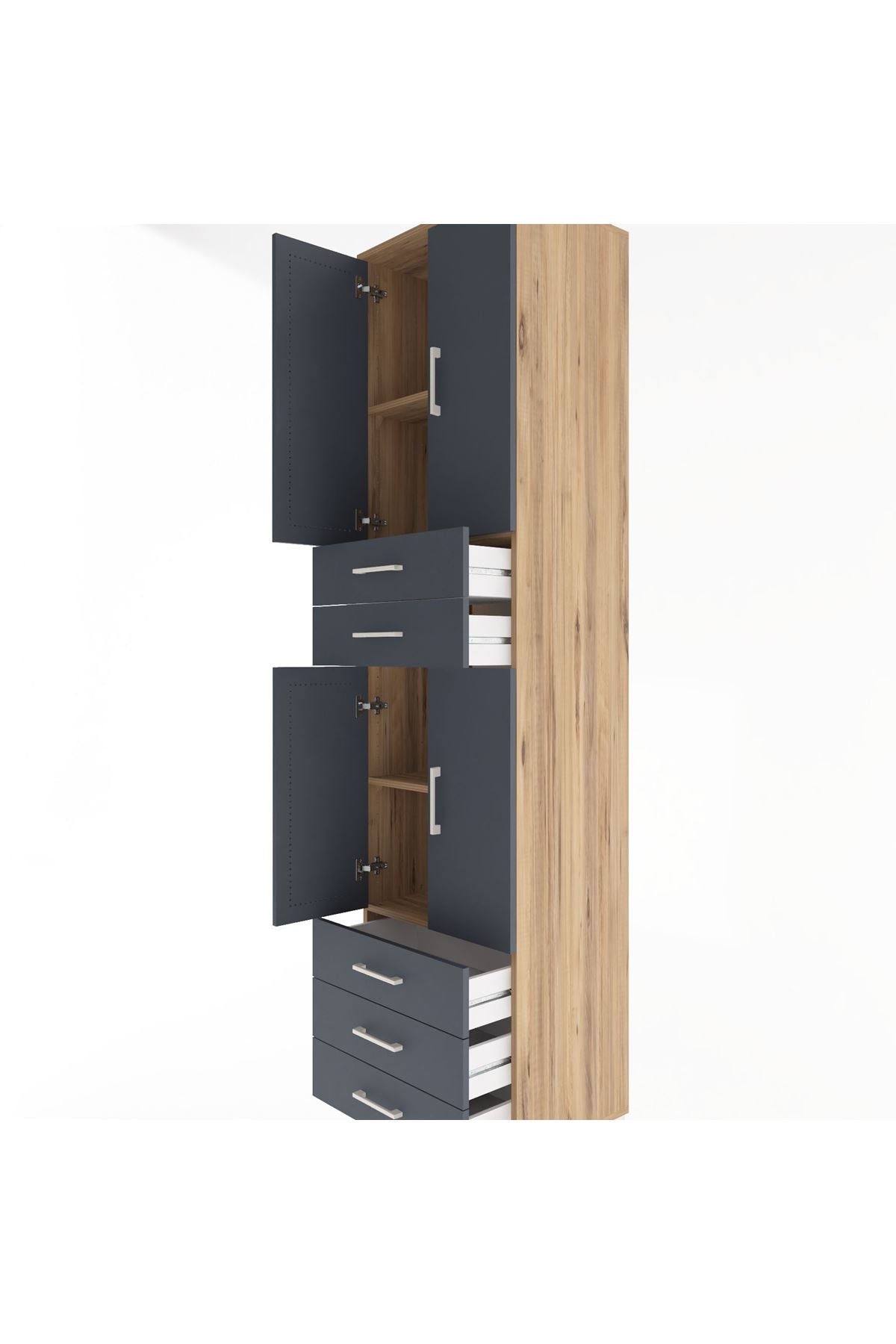 Hyperion Dolap 4 Raflı 5 Çekmeceli 4 Kapaklı 60x44x243 Çam-Antrasit