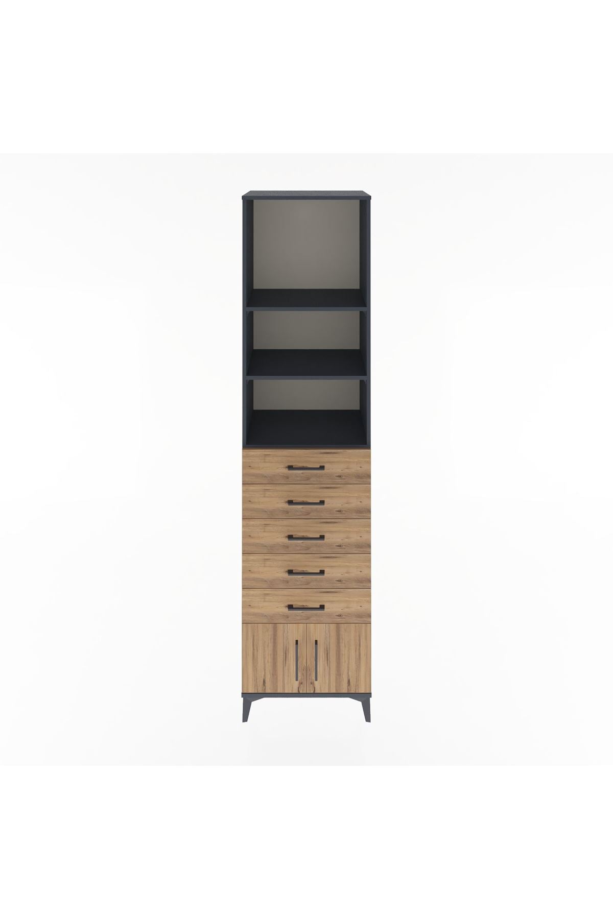 Hyperion Dolap 3 Raflı 5 Çekmeceli 2 Kapaklı 60x44x243 Antrasit-Çam