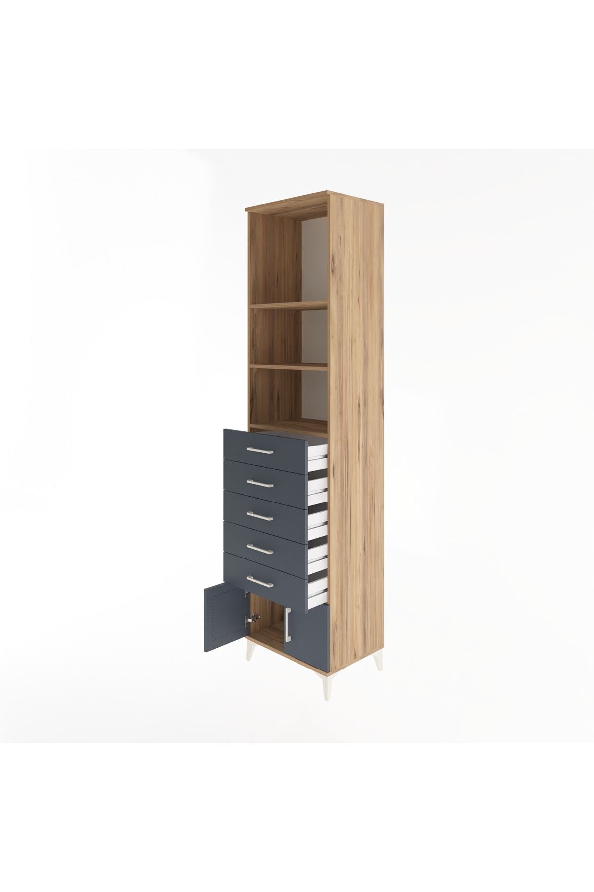 Hyperion Dolap 3 Raflı 5 Çekmeceli 2 Kapaklı 60x44x243 Çam-Antrasit