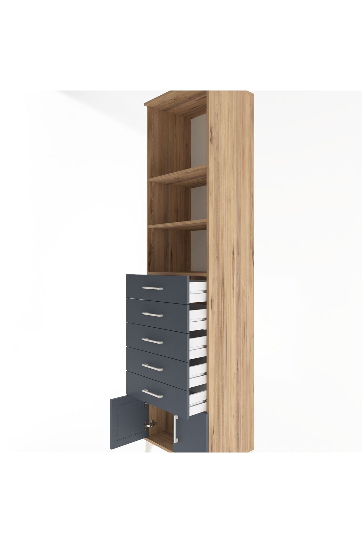 Hyperion Dolap 3 Raflı 5 Çekmeceli 2 Kapaklı 60x44x243 Çam-Antrasit