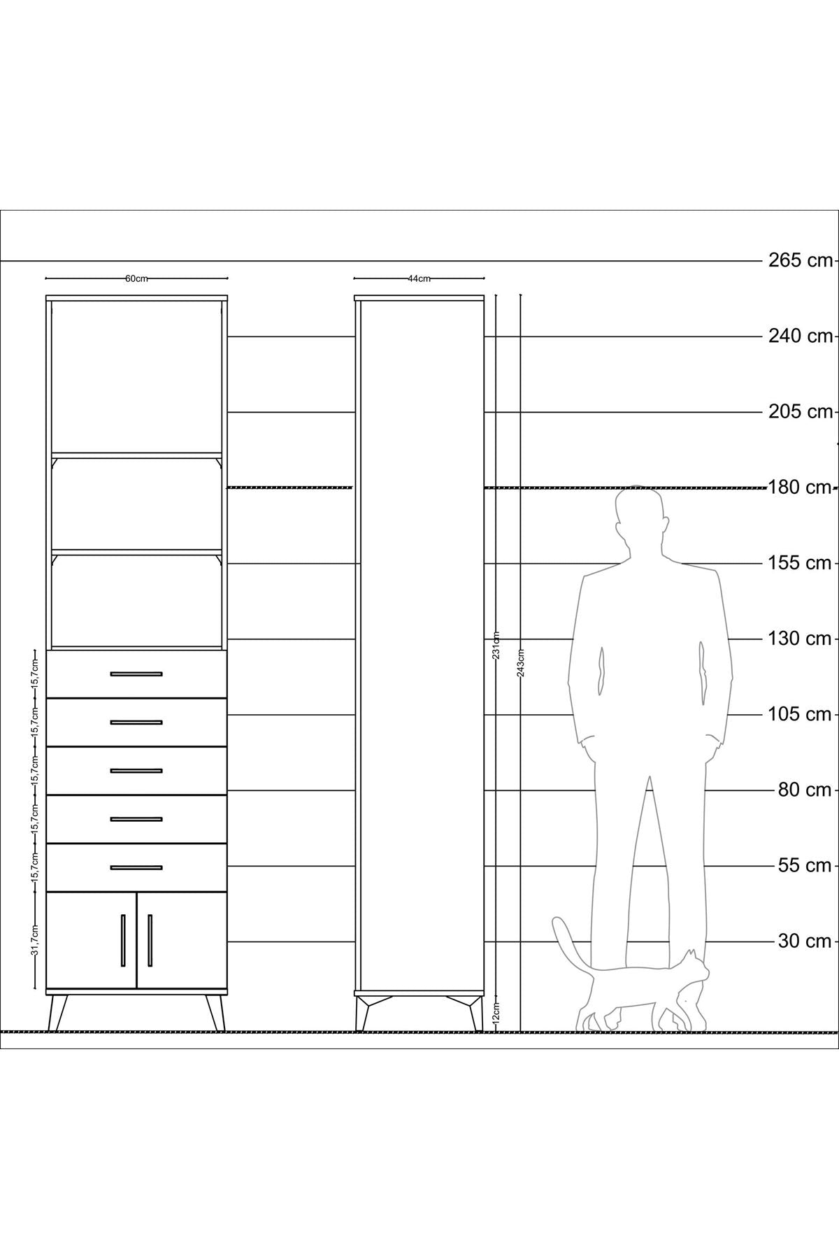 Hyperion Dolap 3 Raflı 5 Çekmeceli 2 Kapaklı 60x44x243 Çam-Antrasit
