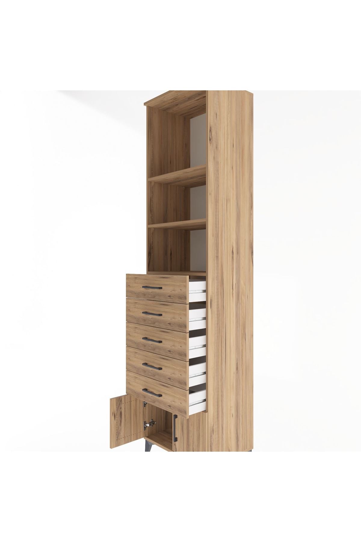 Hyperion Dolap 3 Raflı 5 Çekmeceli 2 Kapaklı 60x44x243 Çam-Çam