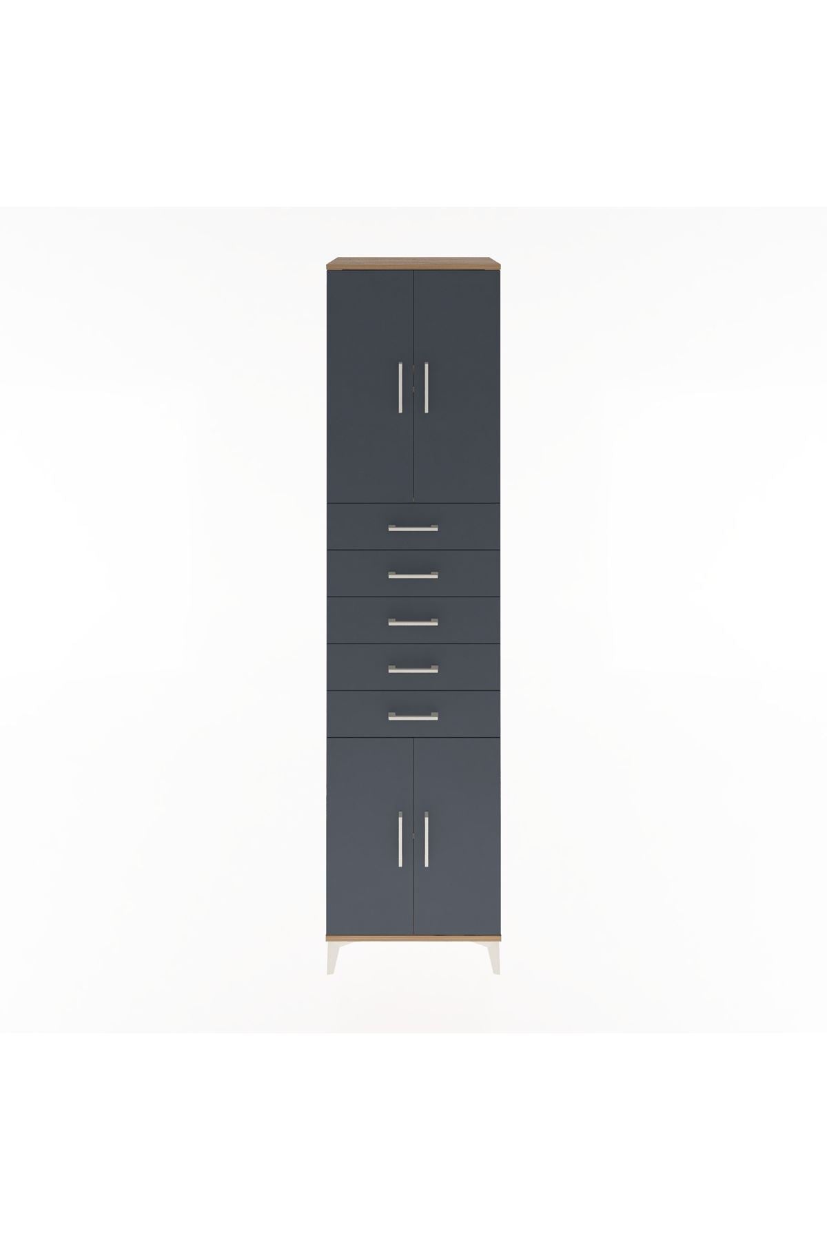 Hyperion Dolap 3 Raflı 5 Çekmeceli 4 Kapaklı 60x44x243 Çam-Antrasit