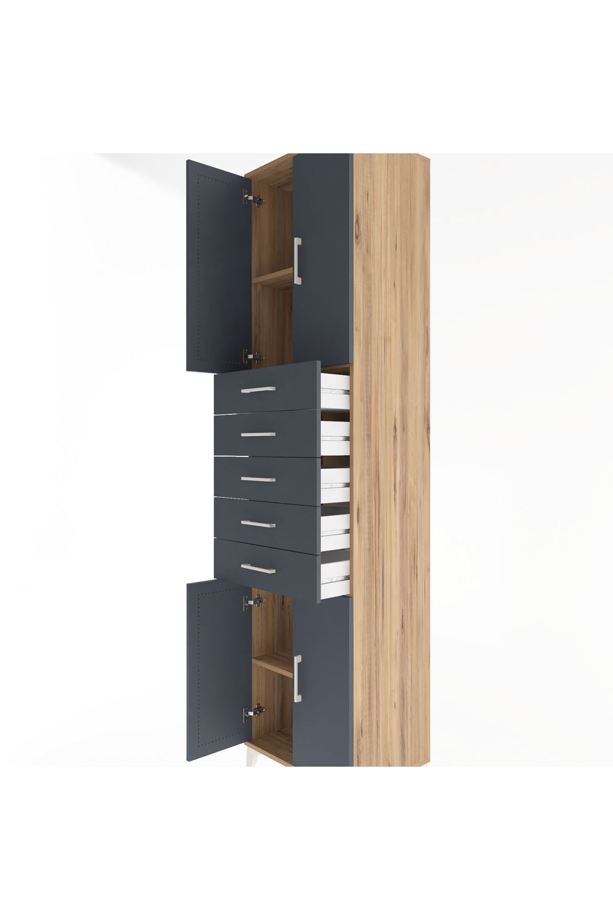 Hyperion Dolap 3 Raflı 5 Çekmeceli 4 Kapaklı 60x44x243 Çam-Antrasit