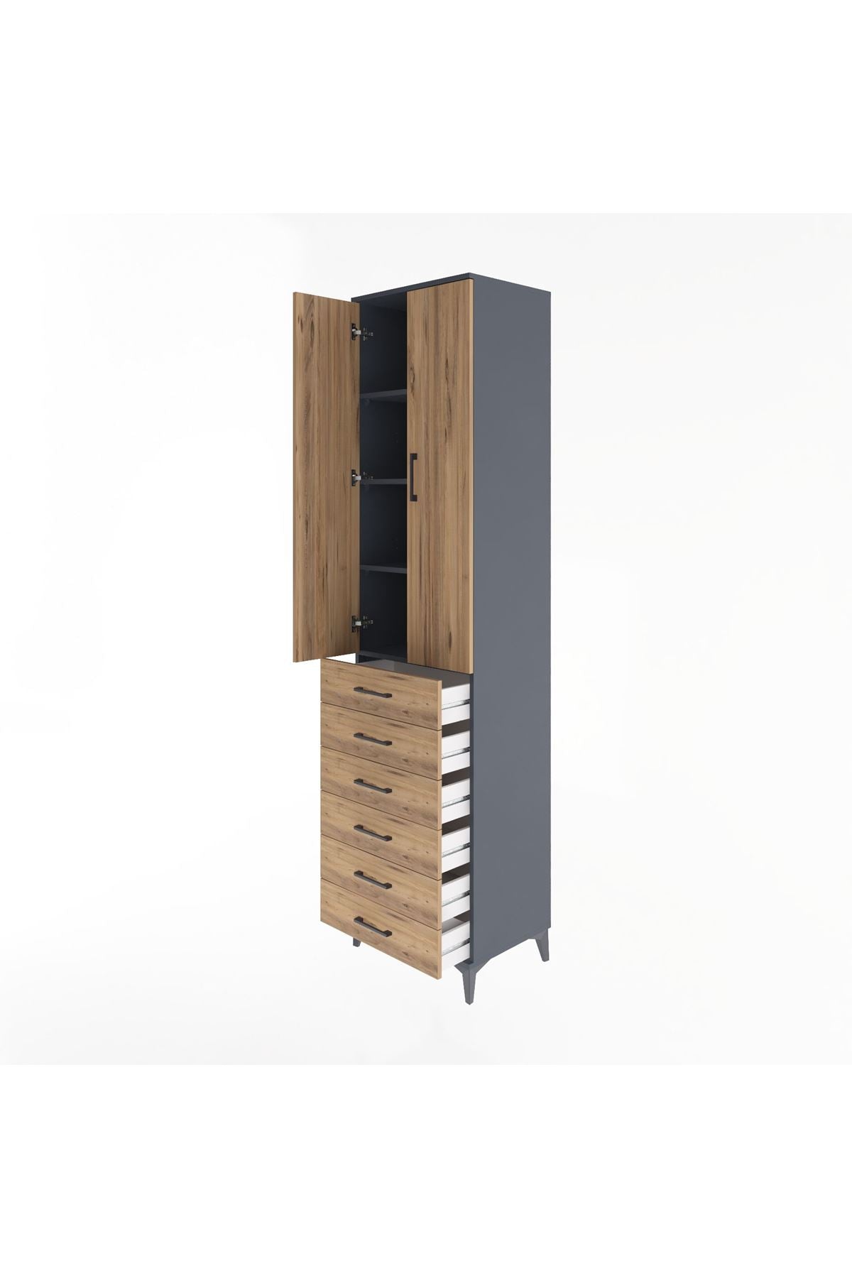 Hyperion Dolap 4 Raflı 6 Çekmeceli 2 Kapaklı 60x44x243 Antrasit-Çam