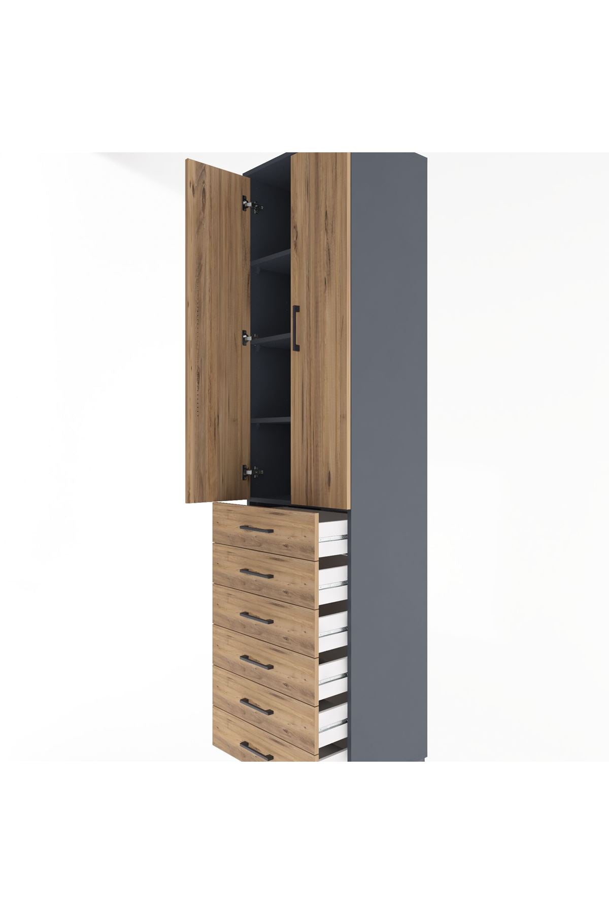 Hyperion Dolap 4 Raflı 6 Çekmeceli 2 Kapaklı 60x44x243 Antrasit-Çam