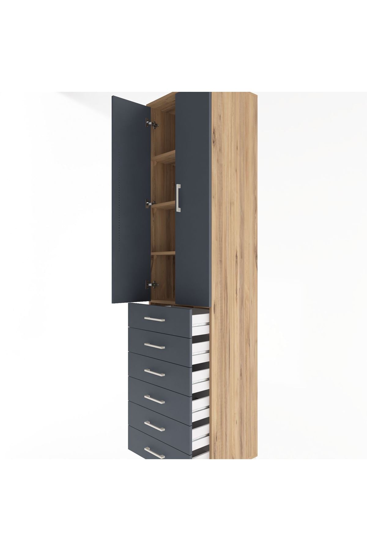 Hyperion Dolap 4 Raflı 6 Çekmeceli 2 Kapaklı 60x44x243 Çam-Antrasit