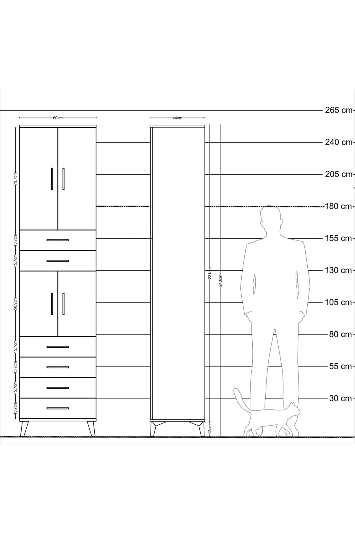 Hyperion Dolap 3 Raflı 6 Çekmeceli 4 Kapaklı 60x44x243 Çam-Çam
