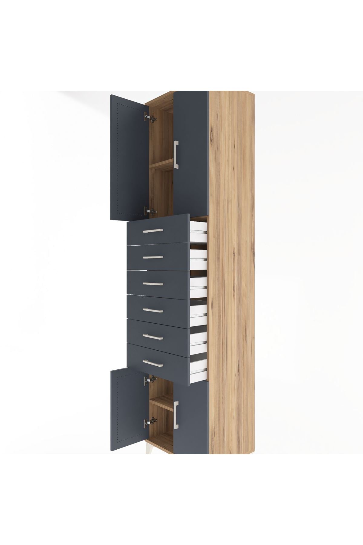 Hyperion Dolap 3 Raflı 6 Çekmeceli 4 Kapaklı 60x44x243 Çam-Antrasit