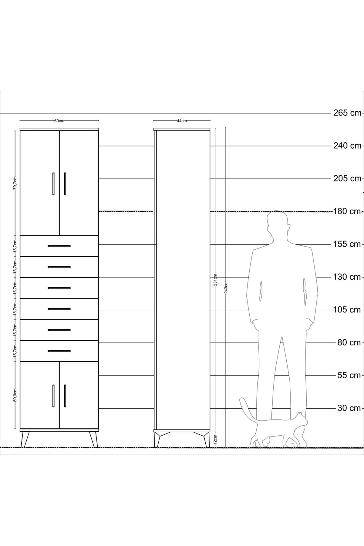 Hyperion Dolap 3 Raflı 6 Çekmeceli 4 Kapaklı 60x44x243 Çam-Çam