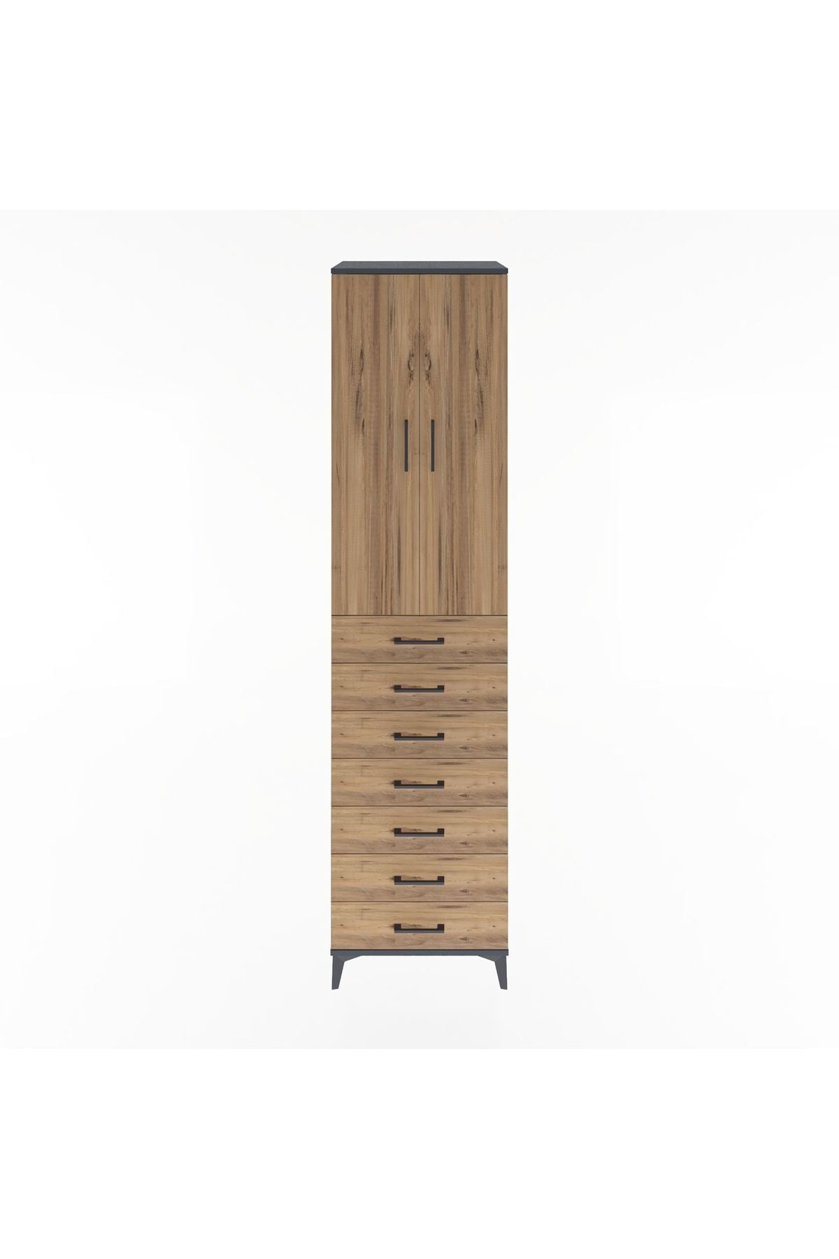 Hyperion Dolap 3 Raflı 7 Çekmeceli 2 Kapaklı 60x44x243 Antrasit-Çam