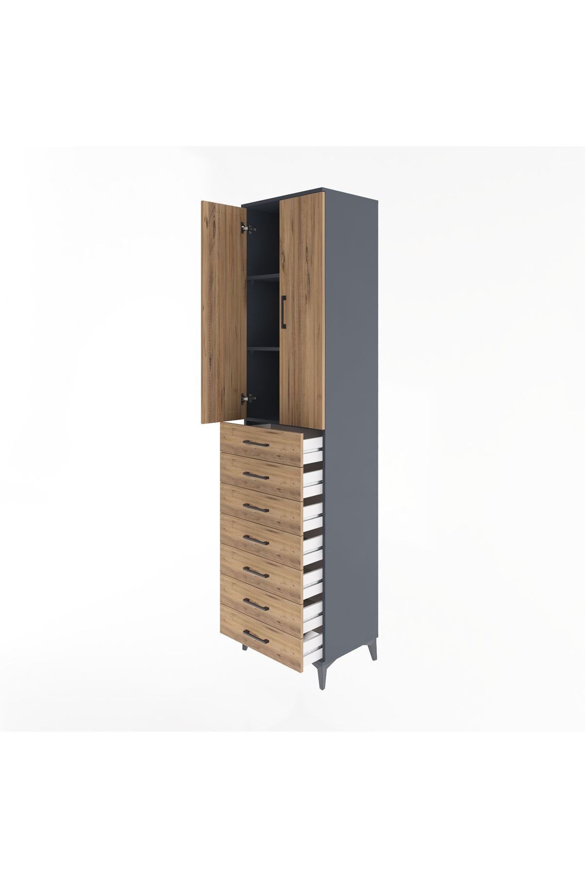 Hyperion Dolap 3 Raflı 7 Çekmeceli 2 Kapaklı 60x44x243 Antrasit-Çam