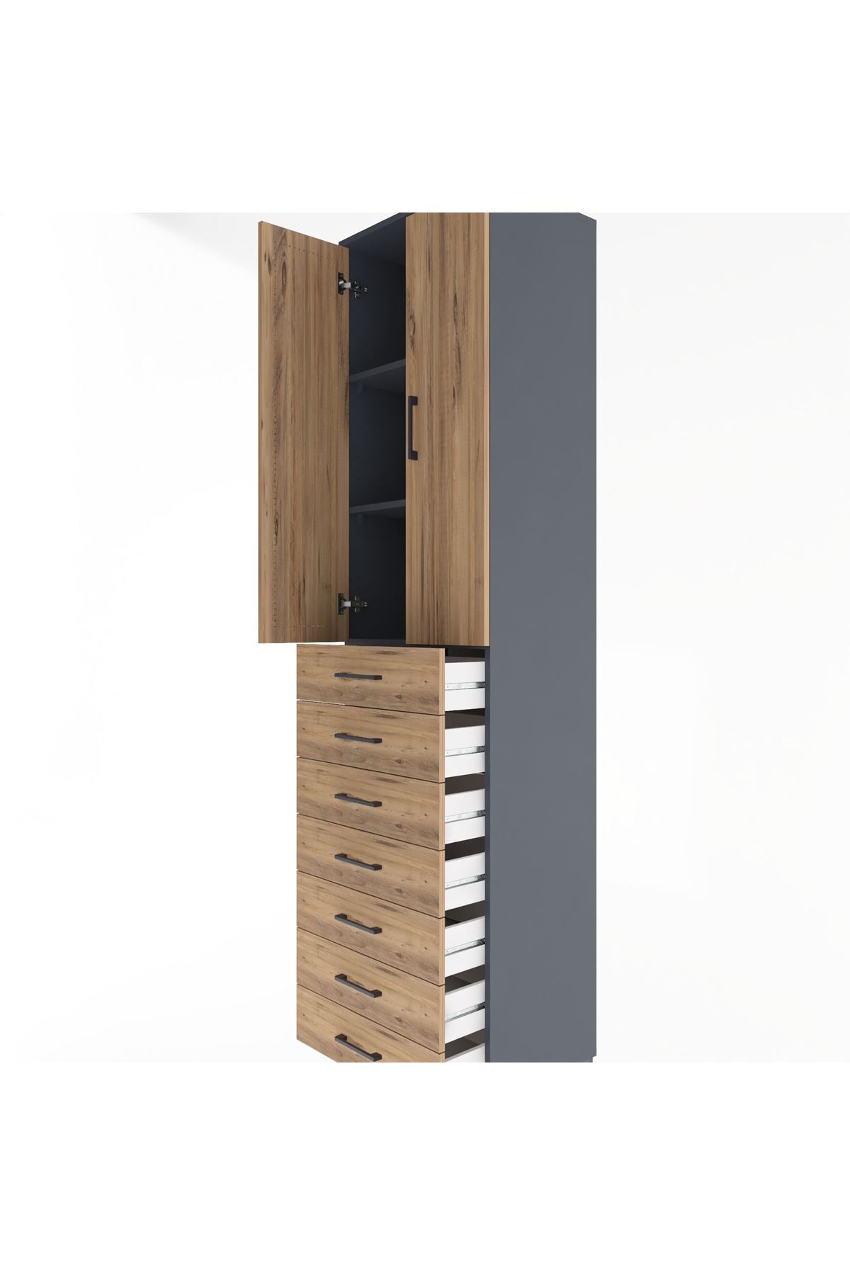 Hyperion Dolap 3 Raflı 7 Çekmeceli 2 Kapaklı 60x44x243 Antrasit-Çam