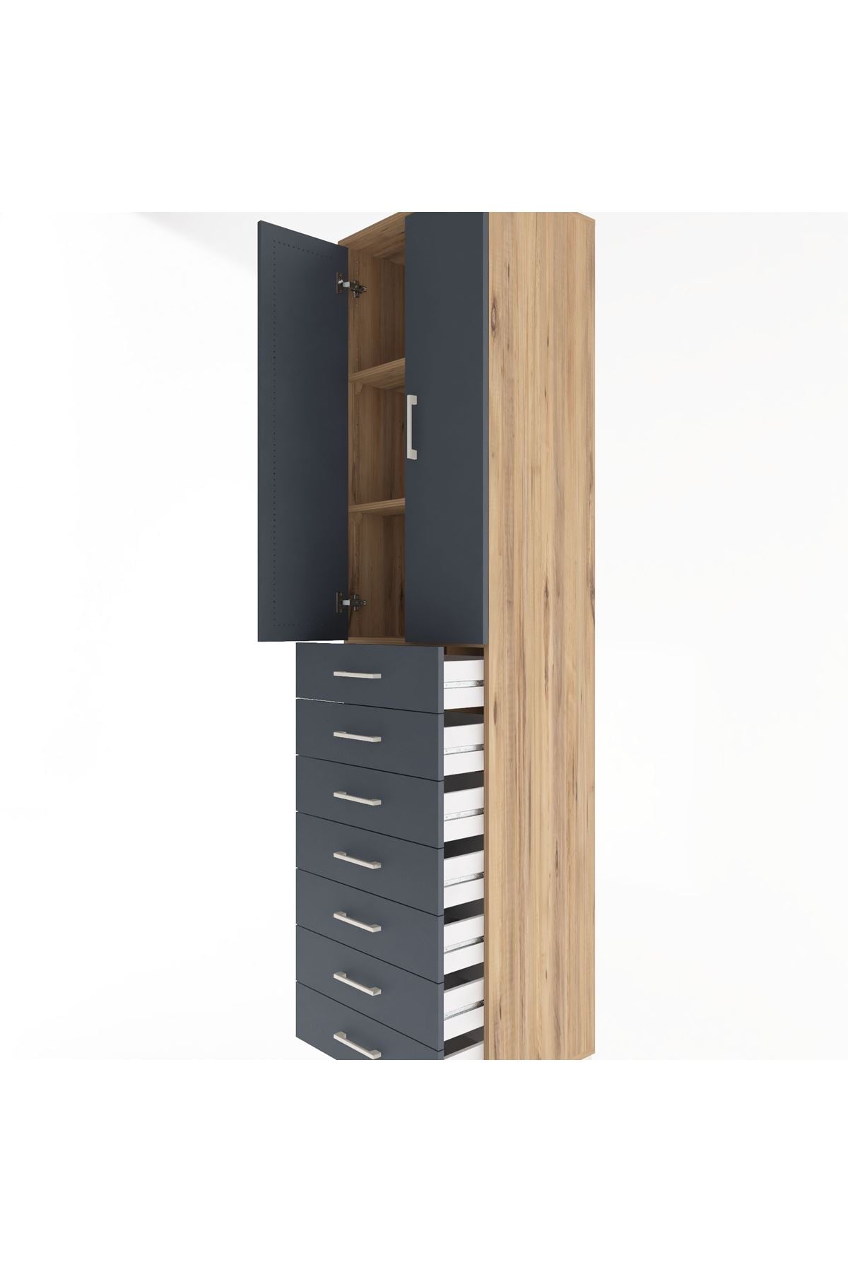 Hyperion Dolap 3 Raflı 7 Çekmeceli 2 Kapaklı 60x44x243 Çam-Antrasit