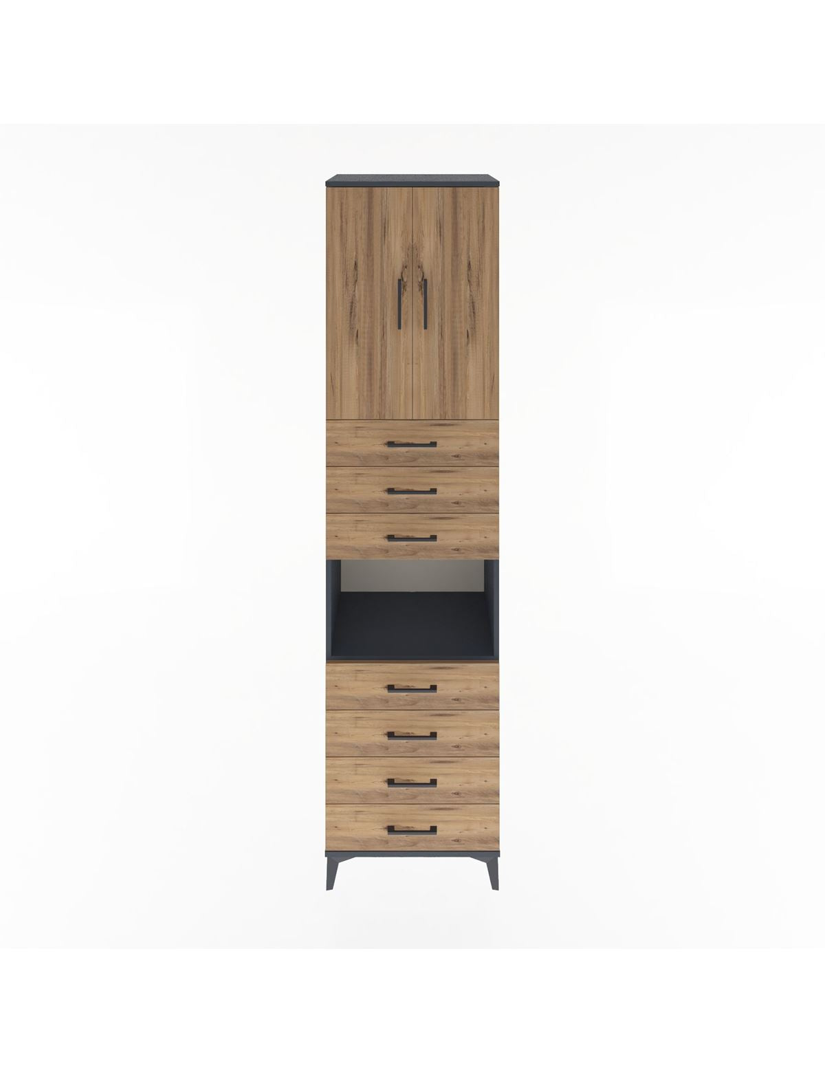 Hyperion Dolap 3 Raflı 7 Çekmeceli 2 Kapaklı 60x44x243 Antrasit-Çam