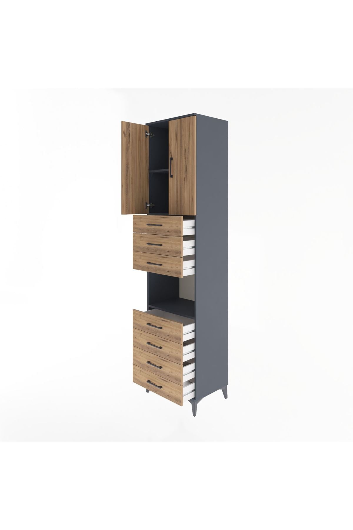 Hyperion Dolap 3 Raflı 7 Çekmeceli 2 Kapaklı 60x44x243 Antrasit-Çam