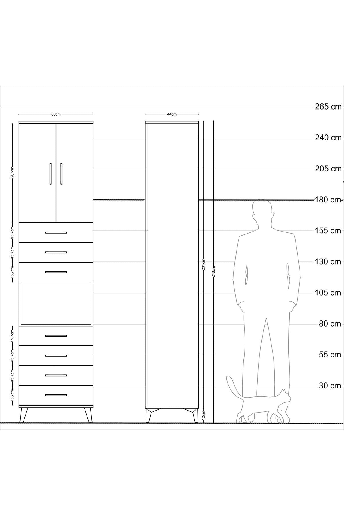 Hyperion Dolap 3 Raflı 7 Çekmeceli 2 Kapaklı 60x44x243 Antrasit-Çam
