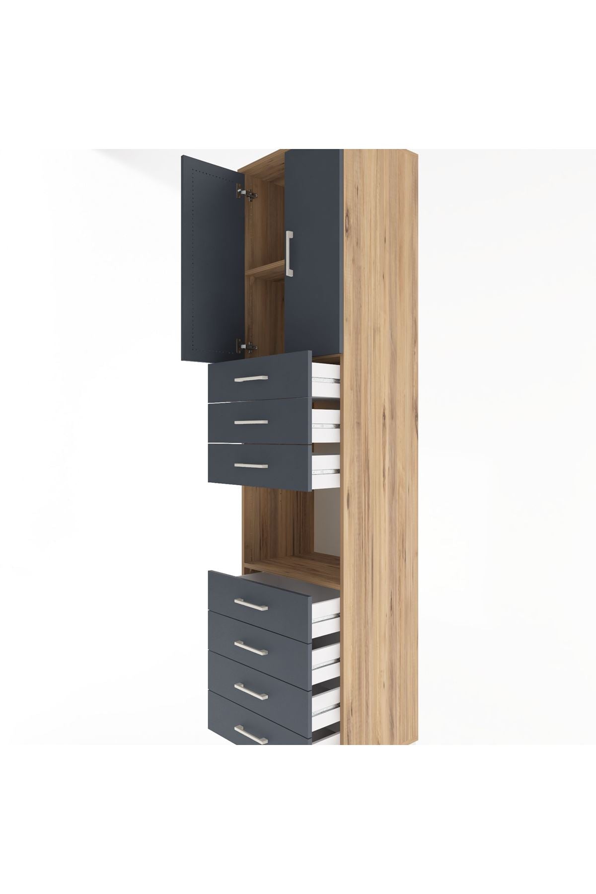 Hyperion Dolap 3 Raflı 7 Çekmeceli 2 Kapaklı 60x44x243 Çam-Antrasit