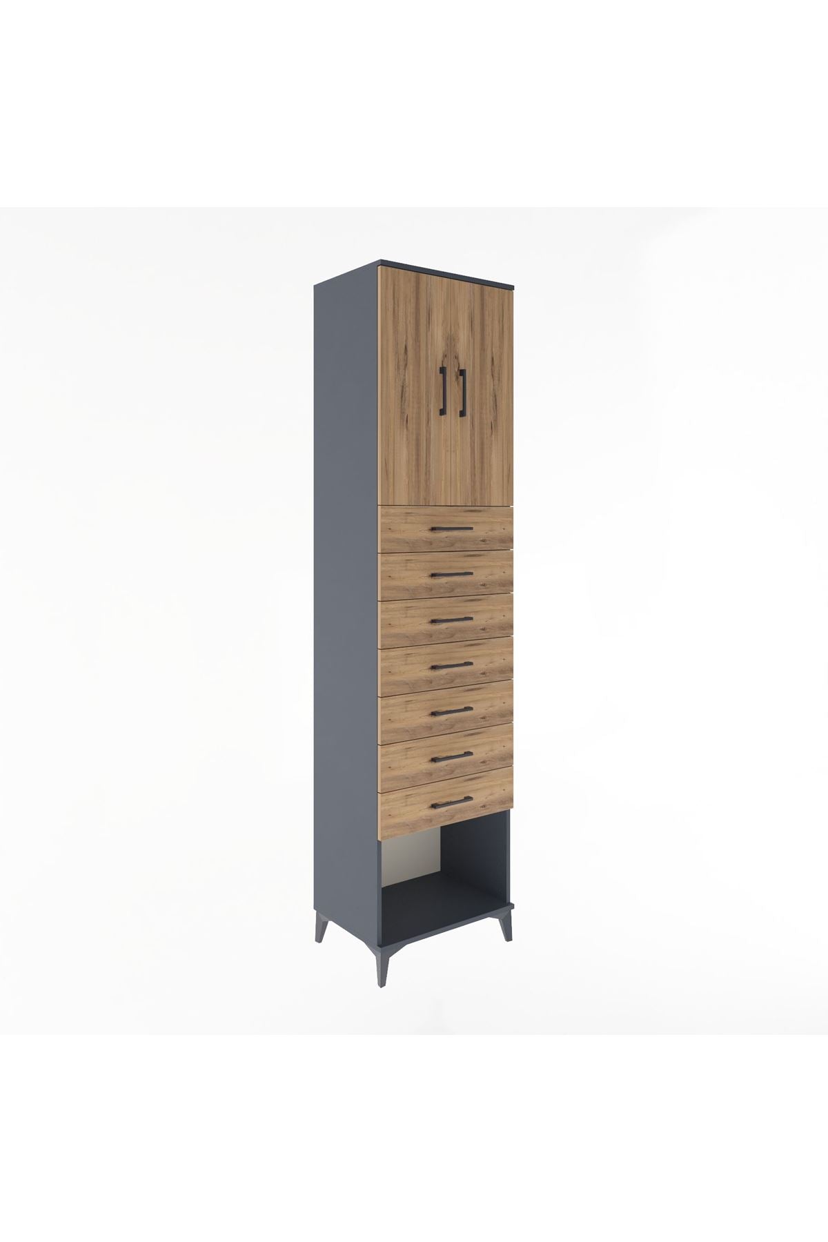 Hyperion Dolap 2 Raflı 7 Çekmeceli 2 Kapaklı 60x44x243 Antrasit-Çam