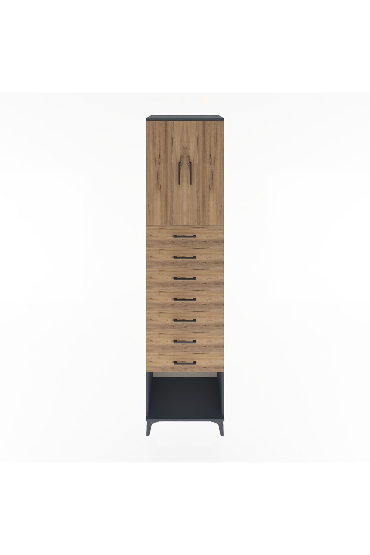 Hyperion Dolap 2 Raflı 7 Çekmeceli 2 Kapaklı 60x44x243 Antrasit-Çam