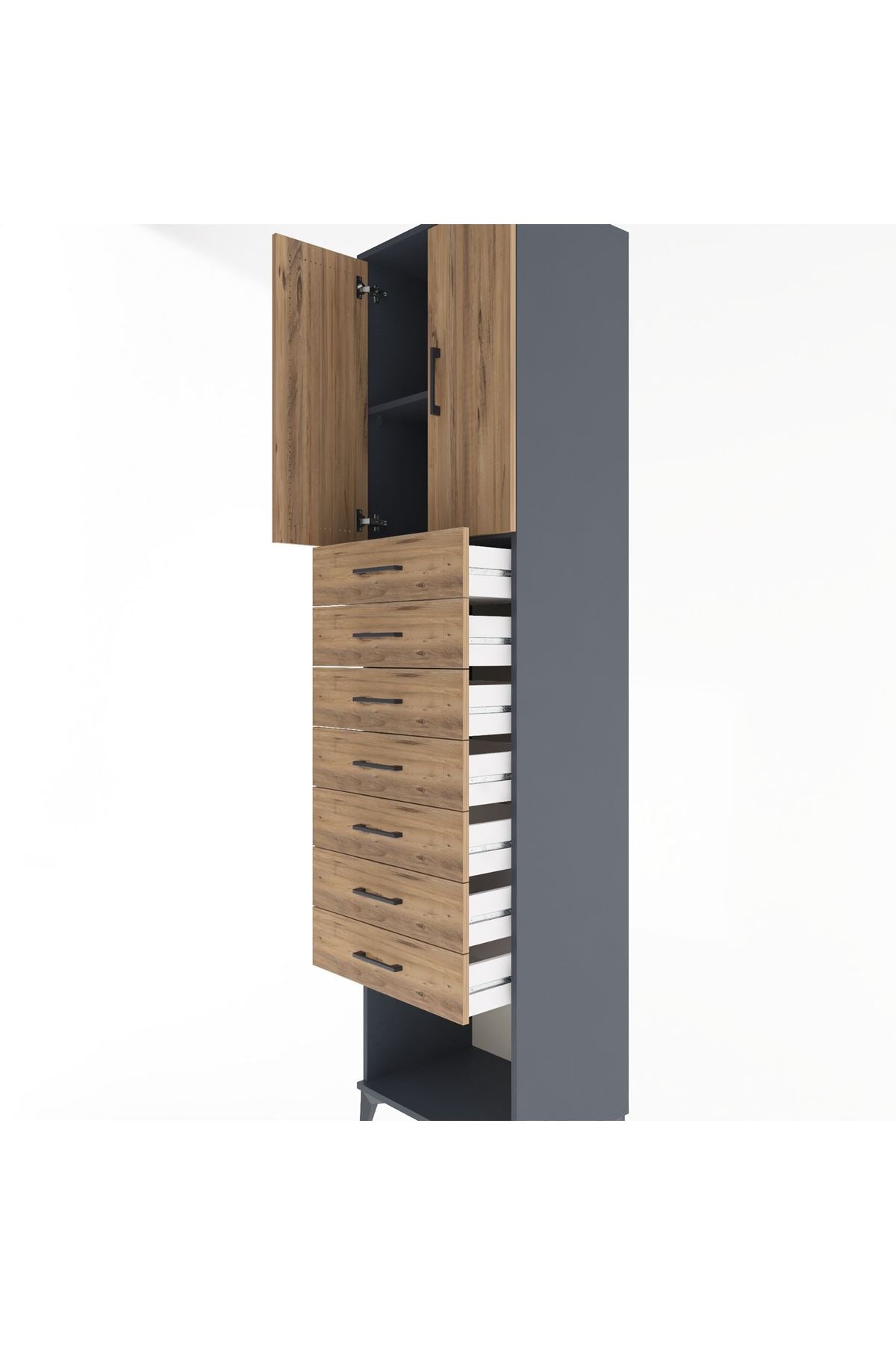 Hyperion Dolap 2 Raflı 7 Çekmeceli 2 Kapaklı 60x44x243 Antrasit-Çam