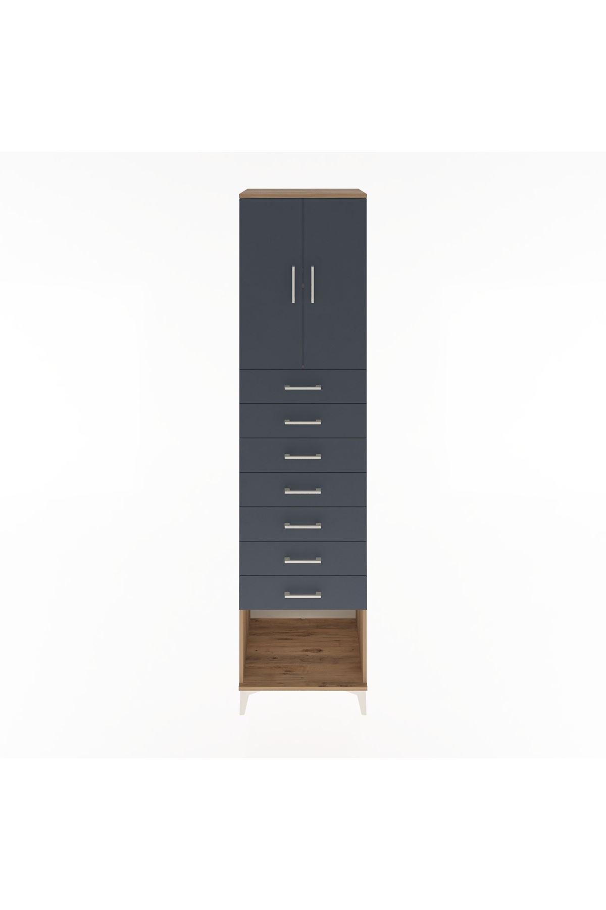 Hyperion Dolap 2 Raflı 7 Çekmeceli 2 Kapaklı 60x44x243 Çam-Antrasit