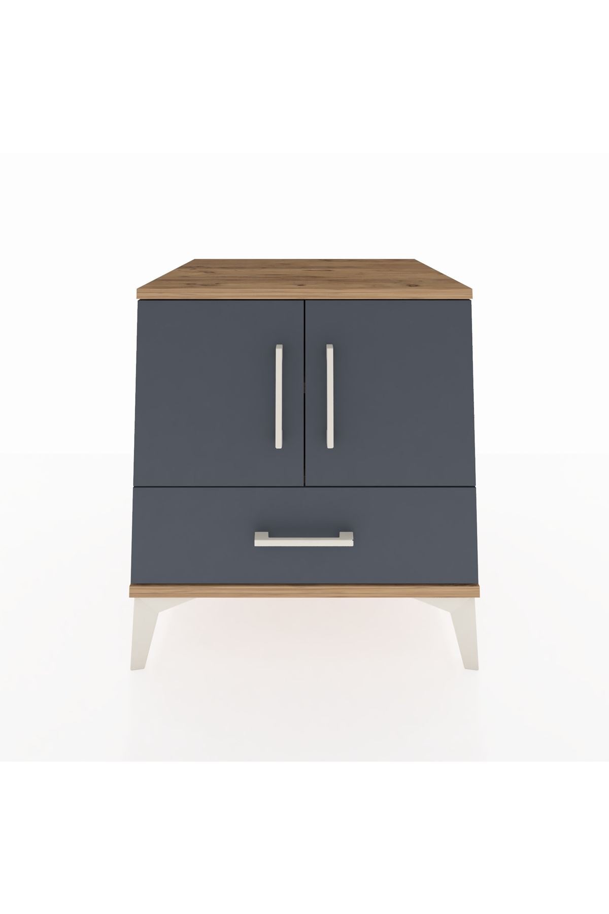 Kronos Komodin 2 Raflı Tek Çekmeceli 2 Kapaklı 60x59x64 Çam-Antrasit