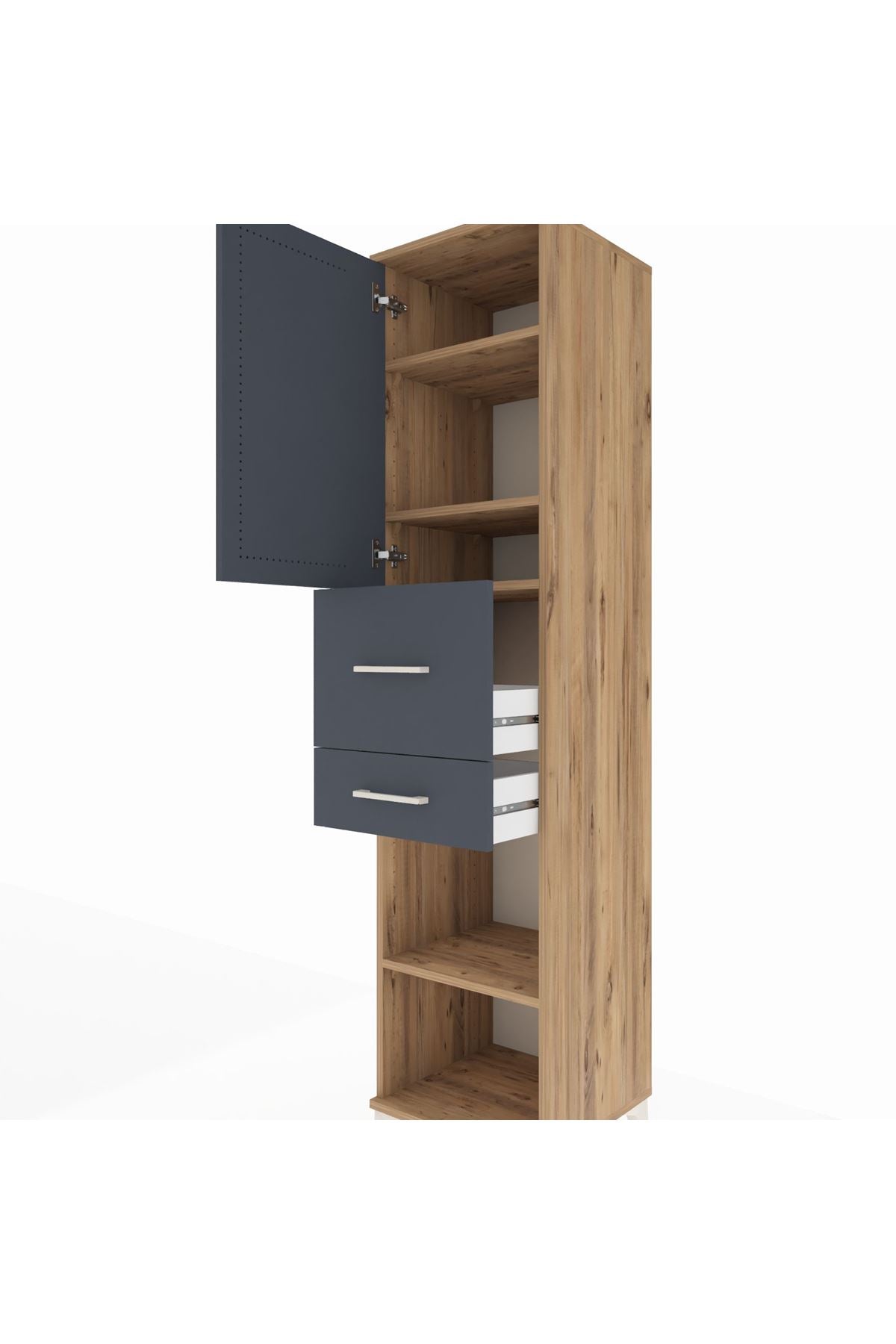 Hyperion Dolap 4 Raflı 2 Çekmeceli Tek Kapaklı 44x44x195 Çam-Antrasit