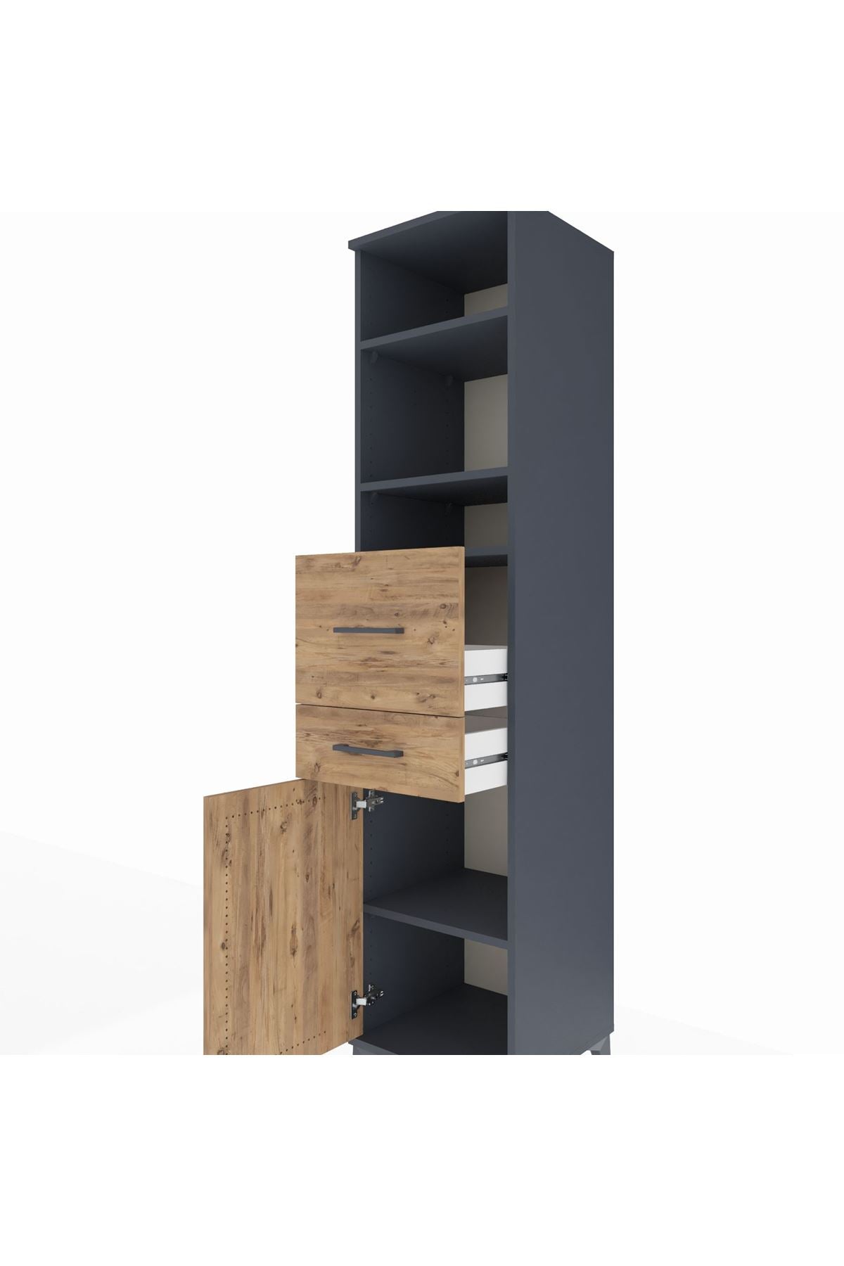 Hyperion Dolap 4 Raflı 2 Çekmeceli Tek Kapaklı 44x44x195 Antrasit-Çam